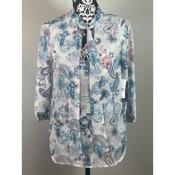 Almost Famous Boho Blouse,Wrinkle Resistant, Three-Quarter Sleeve, Aqua, White S - Picture 2 of 11